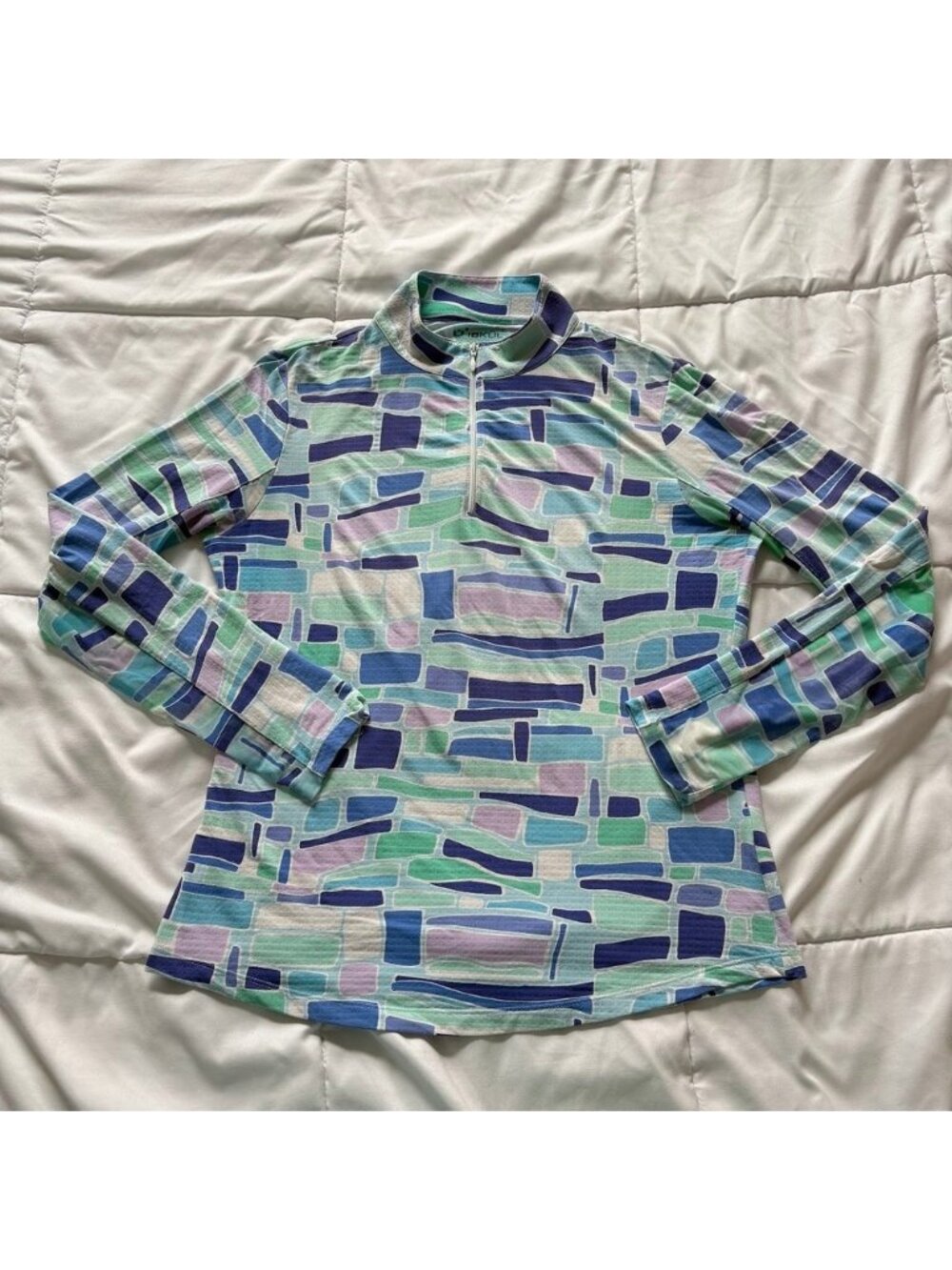 IBKUL Womens Blue Green Geometric Quarter Zip Sun Shirt Top Medium Gorpcore